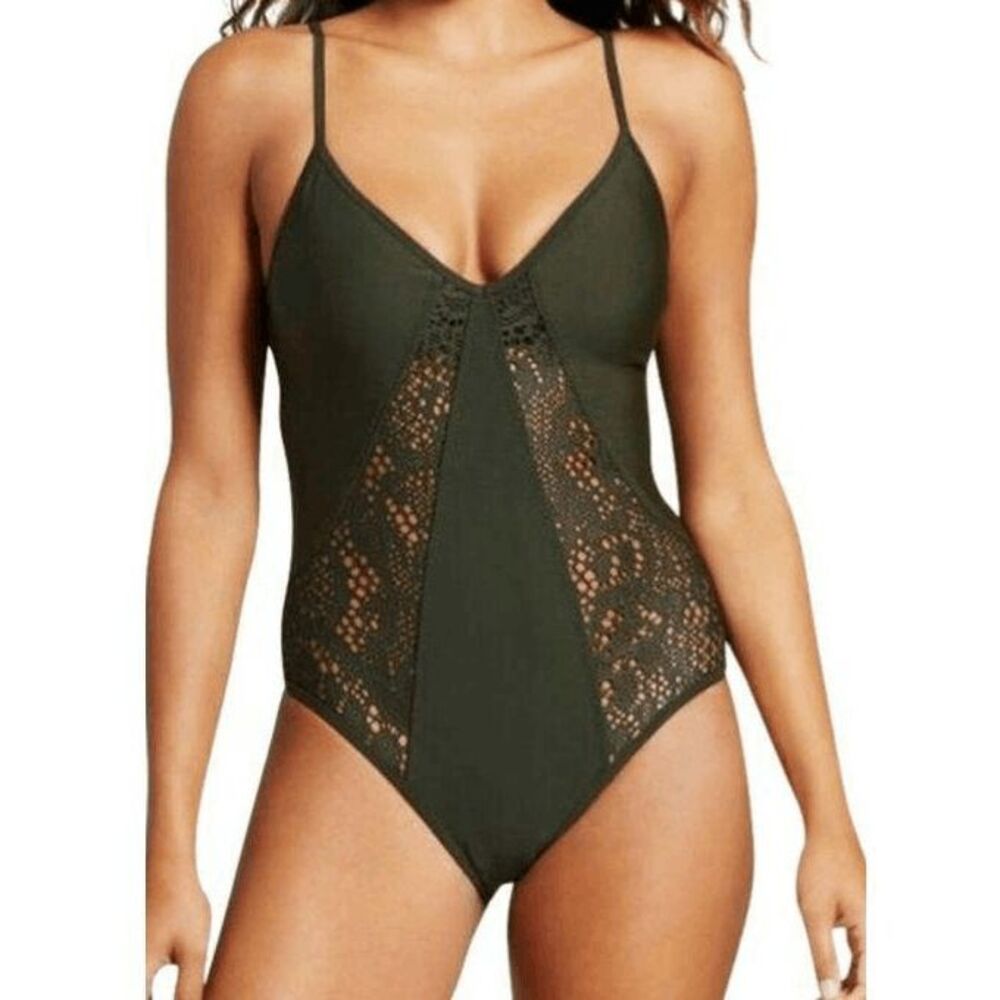 Mossimo‎ Lace One Piece Swimsuit Womens Size L Dark Olive Green V Neck Open Back